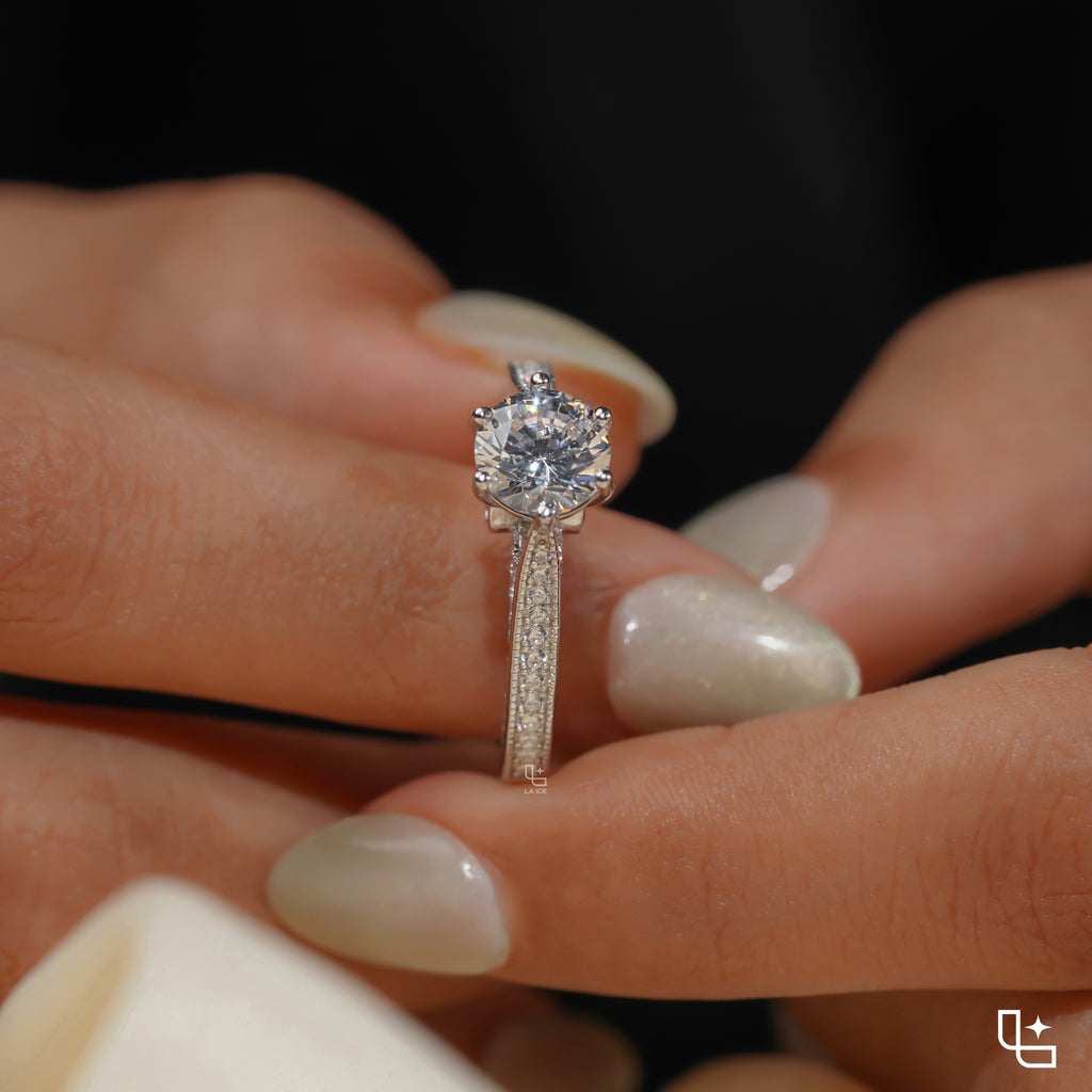 Round Cut Pavé Engagement Ring with Sparkling Band