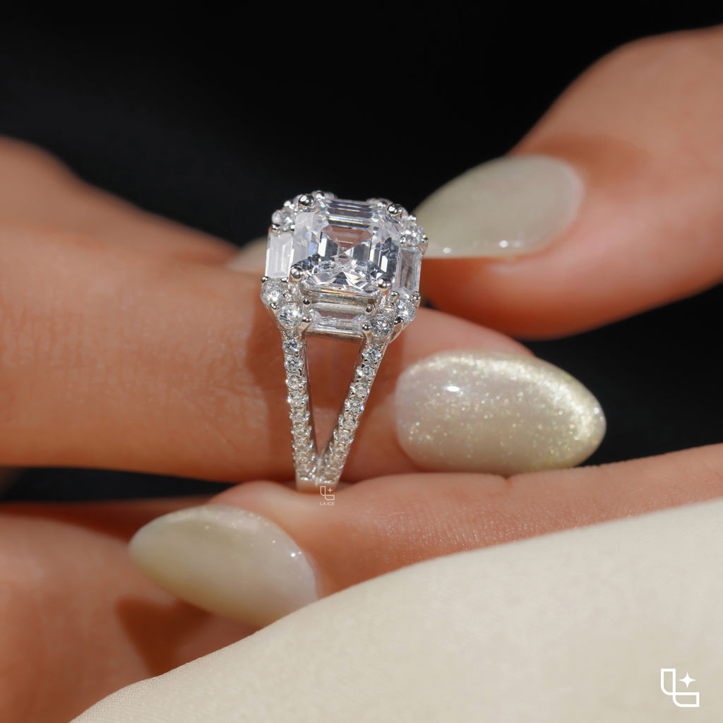 Asscher Cut Halo Engagement Ring with Split Pavé Band – 2.75 CT Total Diamond Weight