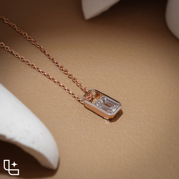 Emerald Cut Solitaire Pendant Necklace – Rose Gold Diamond Pendant | Modern Bezel Set Diamond Necklace for Women