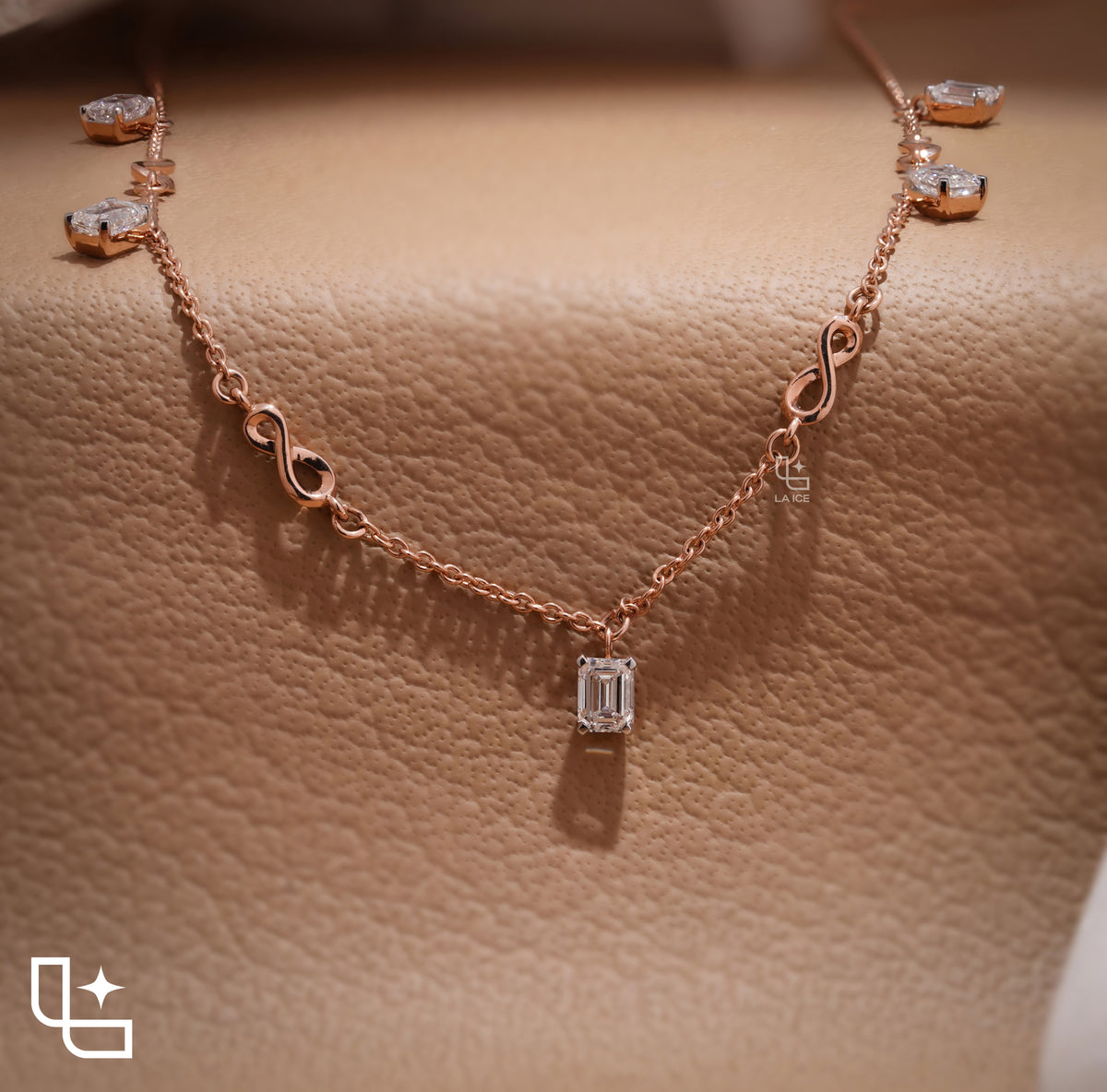 Emerald Cut Station Necklace with Infinity Link Details