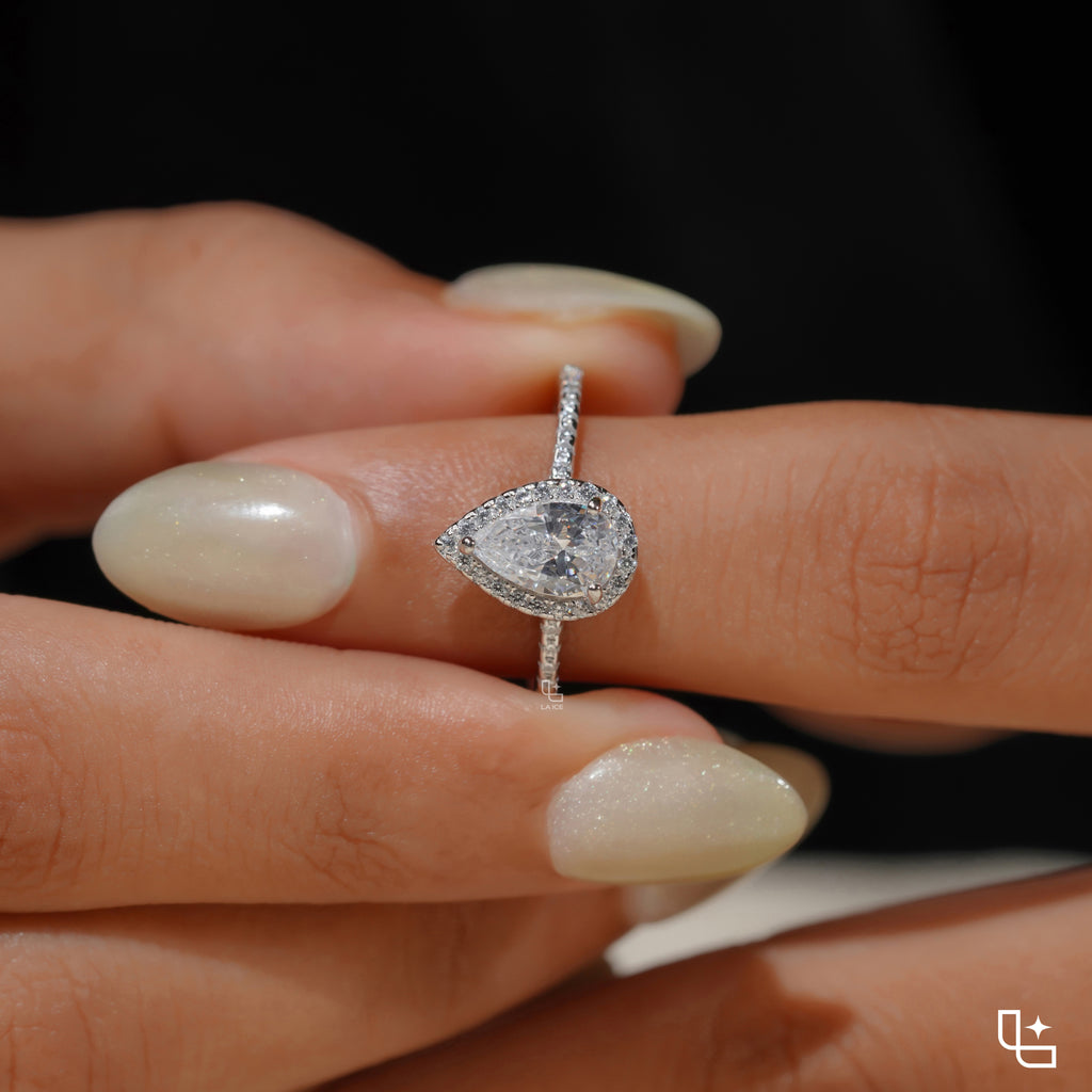 Pear Diamond Halo Engagement Ring – Teardrop Diamond Ring in White Gold | Classic Solitaire Halo Ring for Women