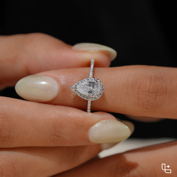 Pear Diamond Halo Engagement Ring – Teardrop Diamond Ring in White Gold | Classic Solitaire Halo Ring for Women