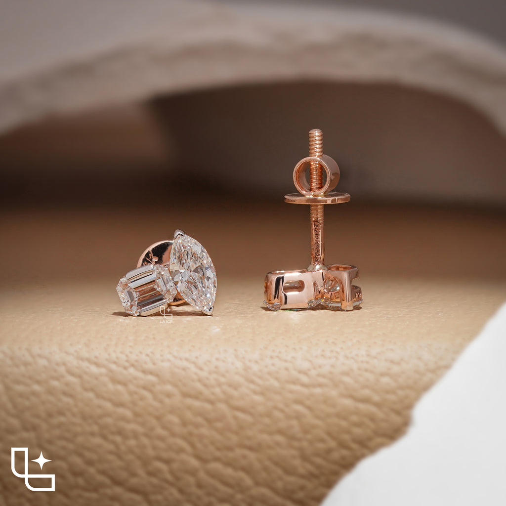 Marquise & Emerald Diamond Stud Earrings – Rose Gold Diamond Earrings | Modern Two-Stone Diamond Earrings for Women