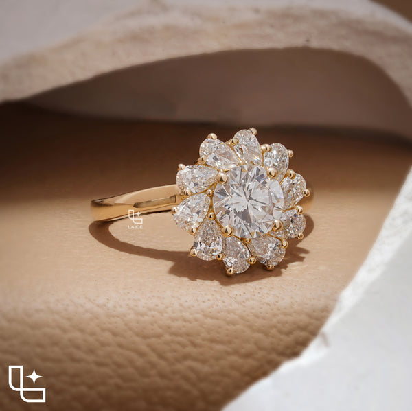 Round Center Floral Halo Engagement Ring with Cluster Side Stones