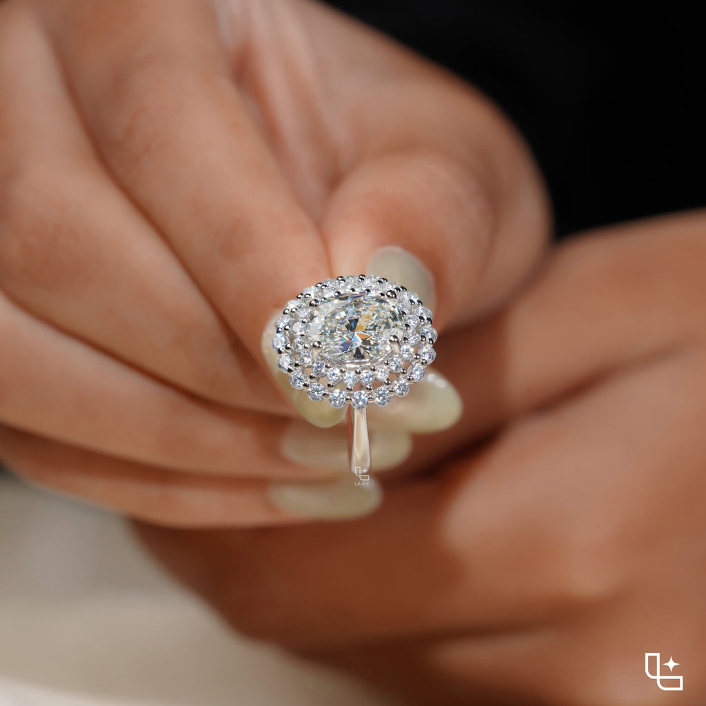 Oval Center Double Halo Cluster Engagement Ring with Multi-Row Diamond Detailing