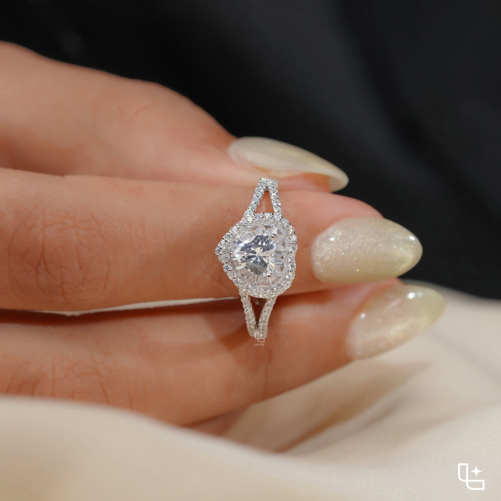 Heart Cut Halo Ring with Double Halo and Split Pavé Band – 2.00 CT Total Diamond Weight