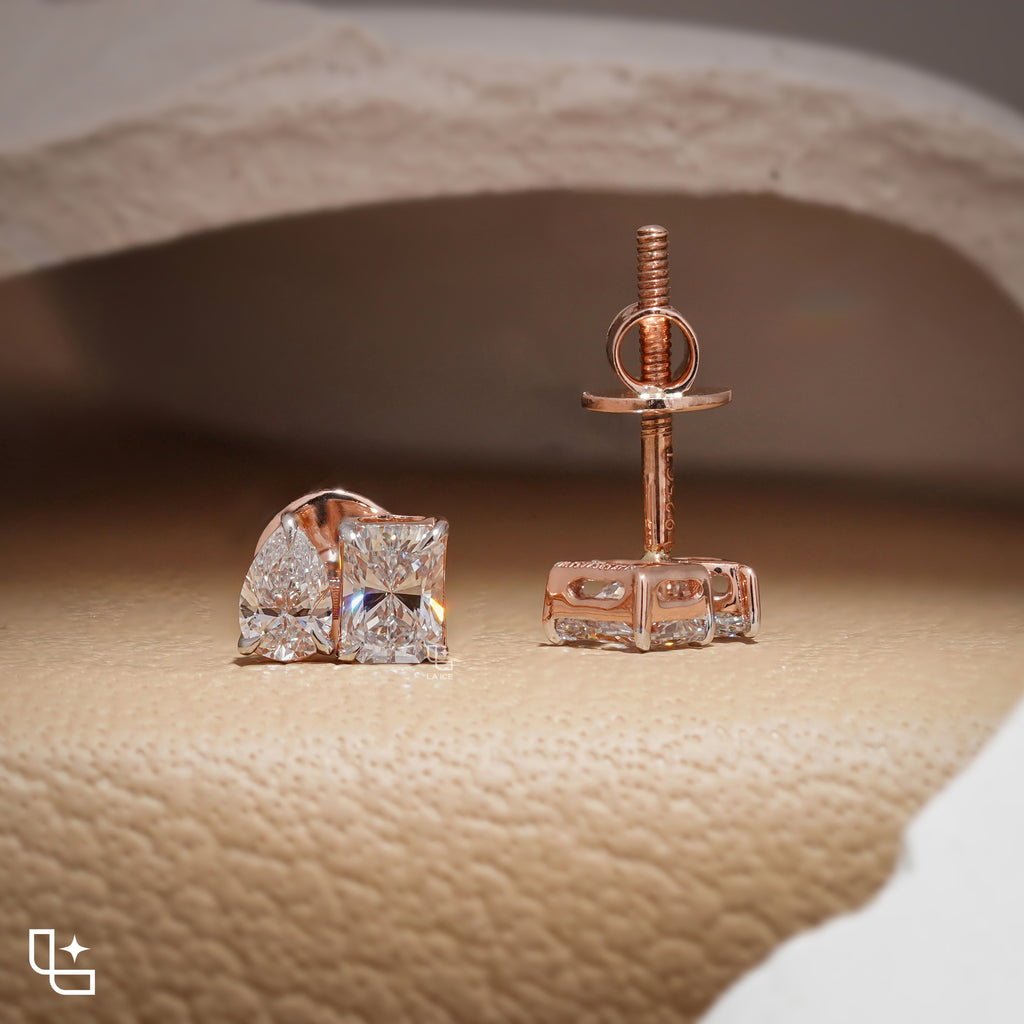 Pear & Radiant Diamond Stud Earrings – Two Stone Diamond Earrings in Rose Gold | Modern Geometric Diamond Earrings for Women