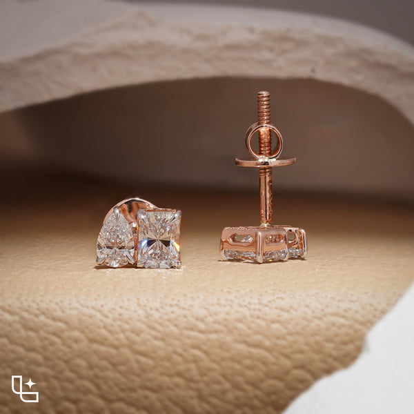 Pear & Radiant Diamond Stud Earrings – Two Stone Diamond Earrings in Rose Gold | Modern Geometric Diamond Earrings for Women