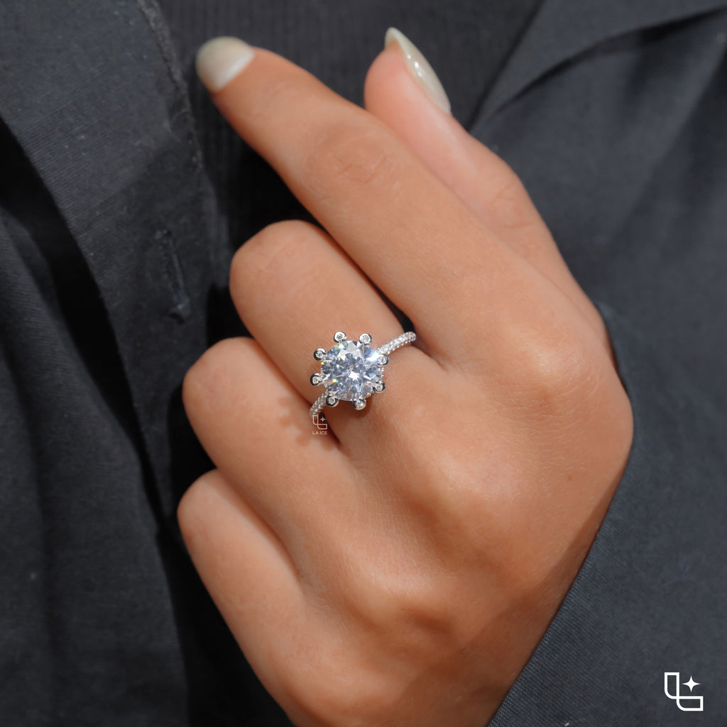 Round Halo Diamond Engagement Ring with Pavé Band
