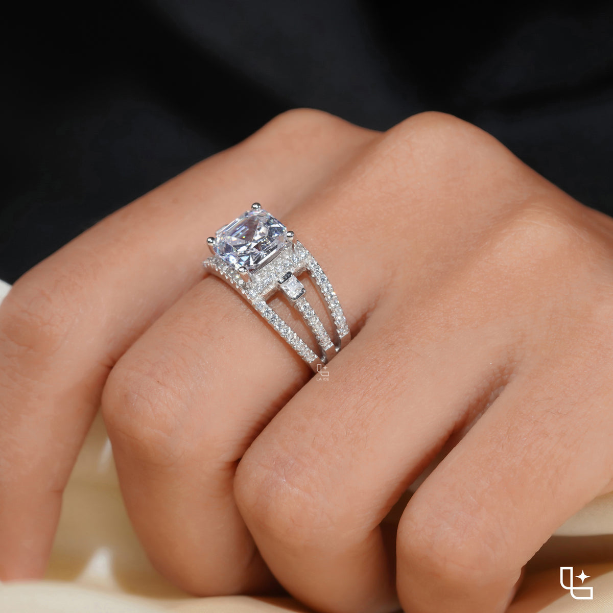 Asscher Cut Halo Engagement Ring with Split Pavé Band