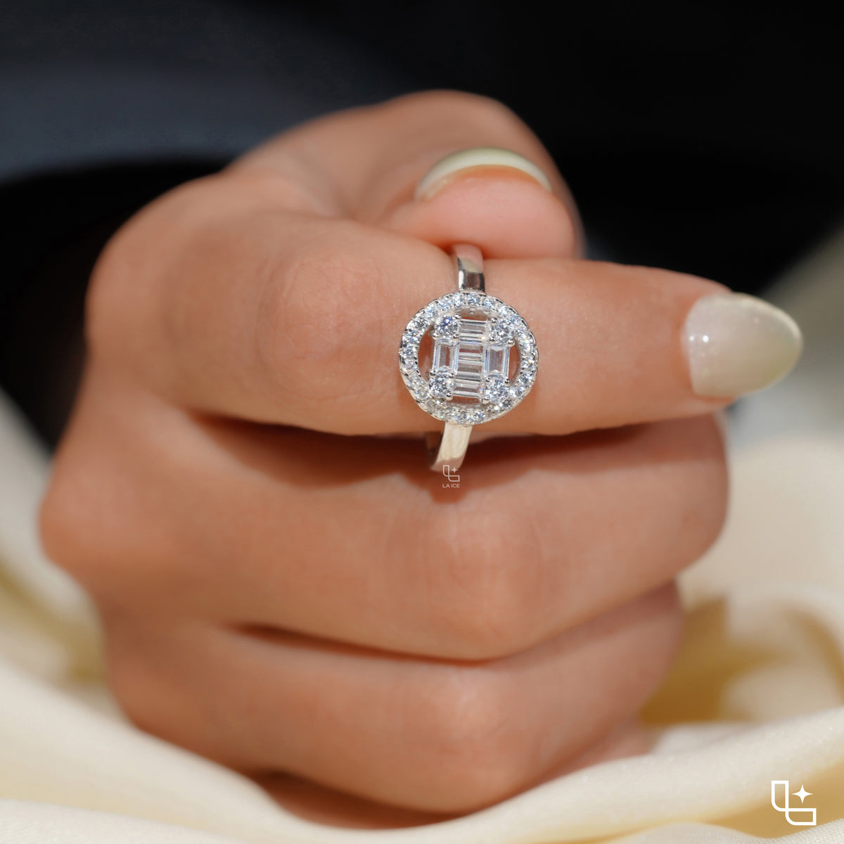 Baguette Cut Cluster Halo Ring with Round Accent Stones