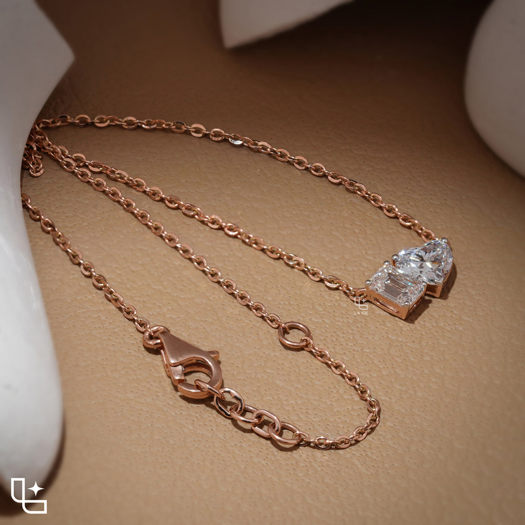 Emerald & Heart Diamond Pendant Necklace – Rose Gold Diamond Necklace | Romantic Two-Stone Diamond Pendant for Women