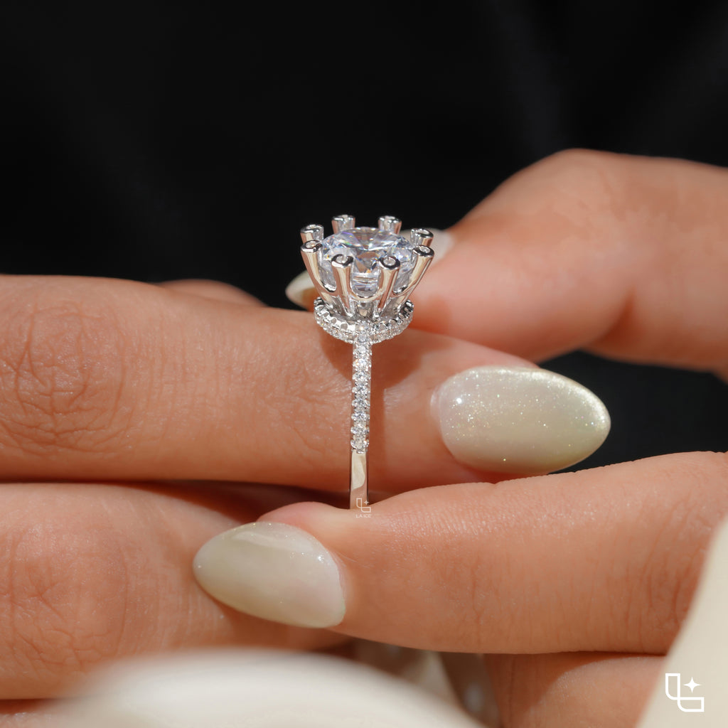 Round Halo Diamond Engagement Ring with Pavé Band