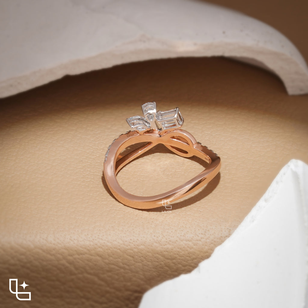 Three Stone Bypass Ring with Emerald Cut Center, Marquise and Pear-Shaped Accents, Pavé Crossover Band, 0.50 CT Center and 0.80 CT Side Diamonds