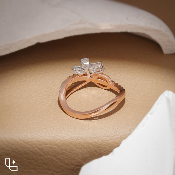 Three Stone Bypass Ring with Emerald Cut Center, Marquise and Pear-Shaped Accents, Pavé Crossover Band, 0.50 CT Center and 0.80 CT Side Diamonds