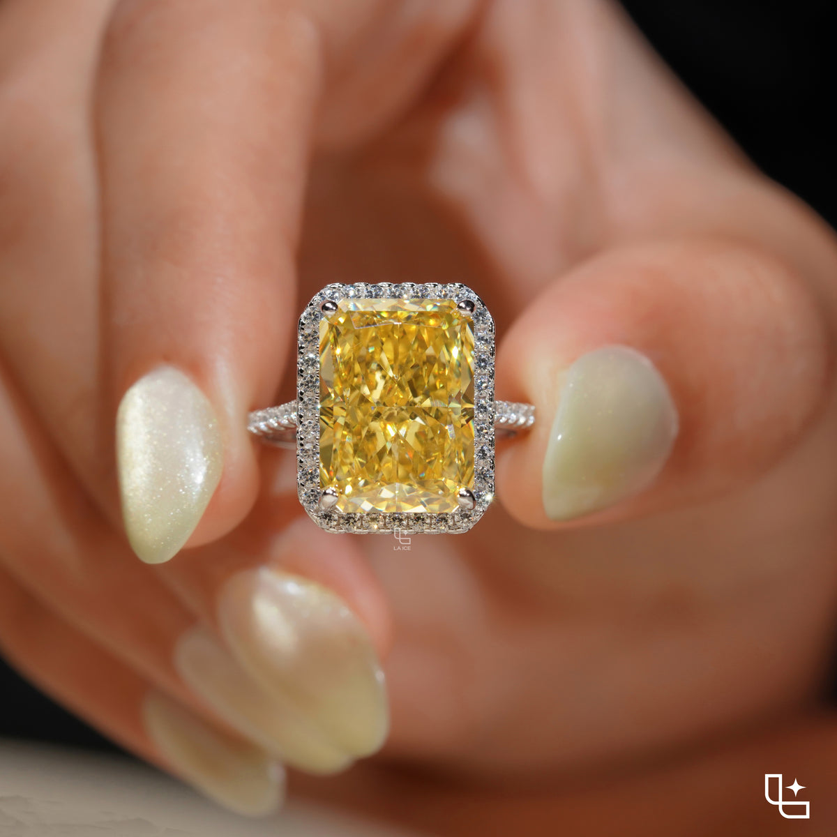 Yellow Radiant Cut Halo Ring with Pavé Band