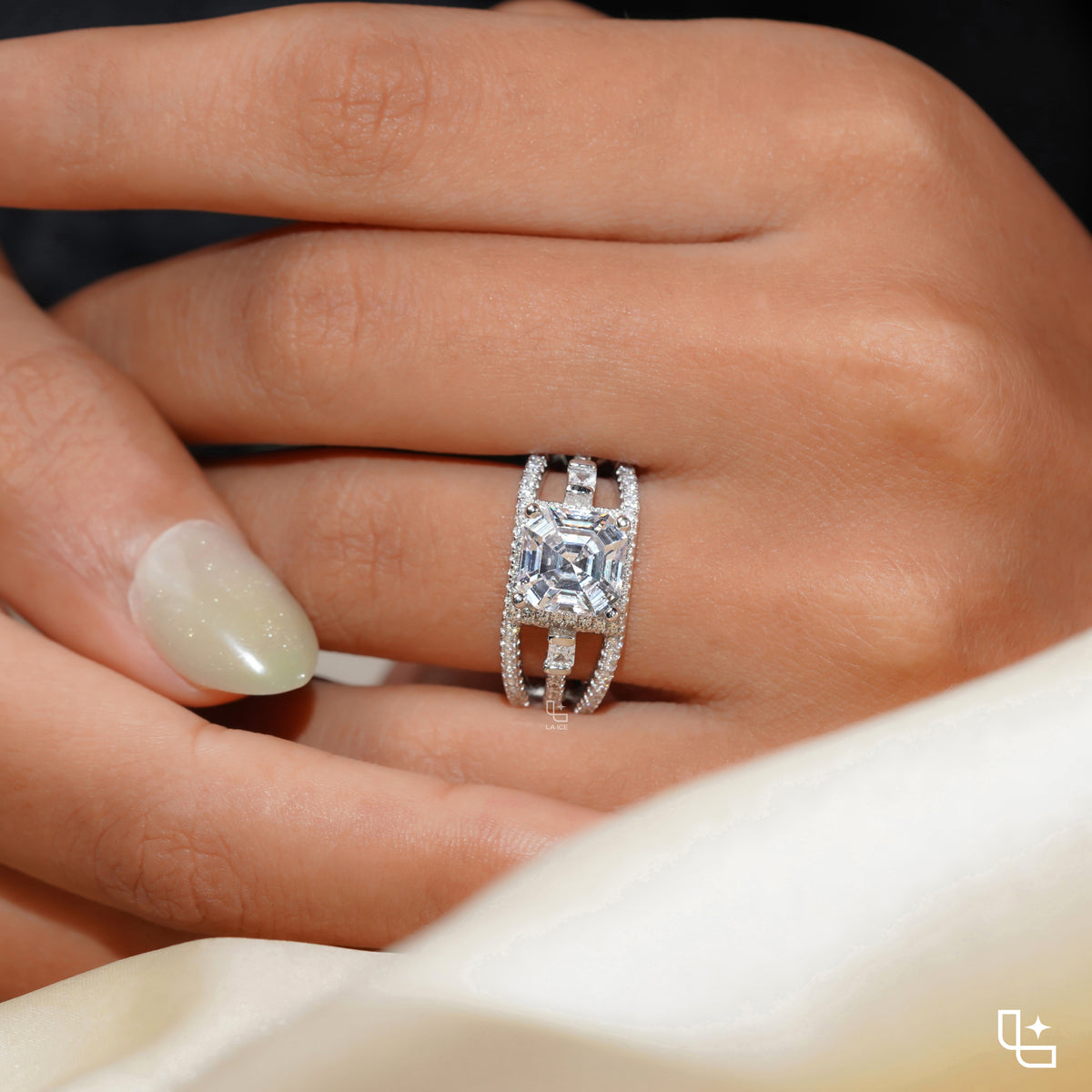 Asscher Cut Halo Engagement Ring with Split Pavé Band
