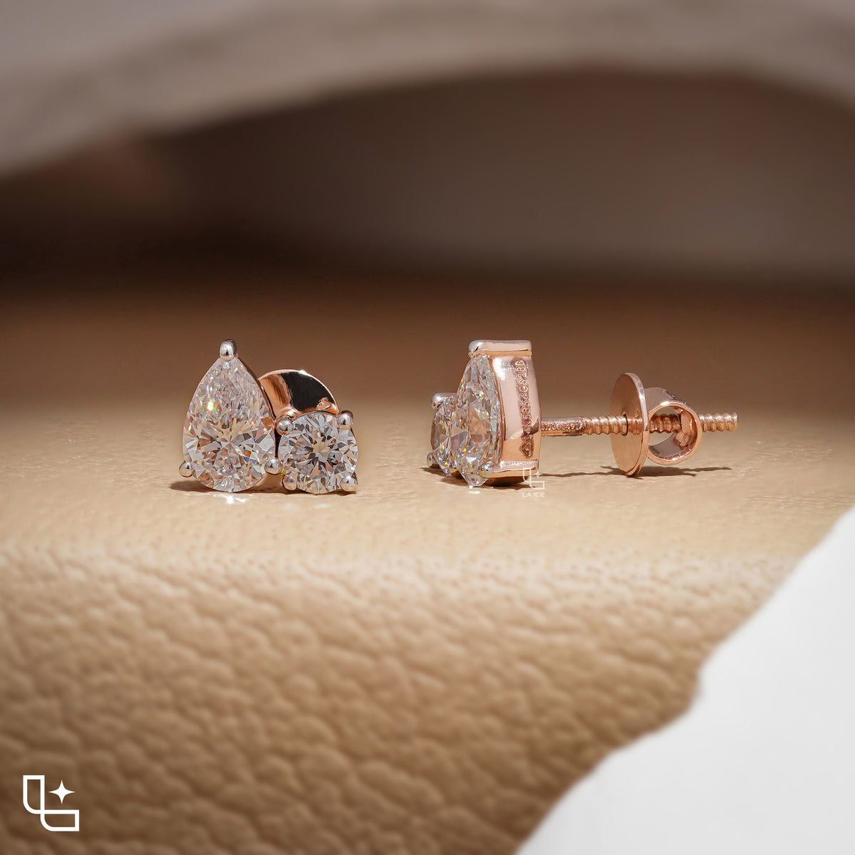 Pear & Round Diamond Stud Earrings – Rose Gold Diamond Earrings | Classic Two-Stone Diamond Studs for Women