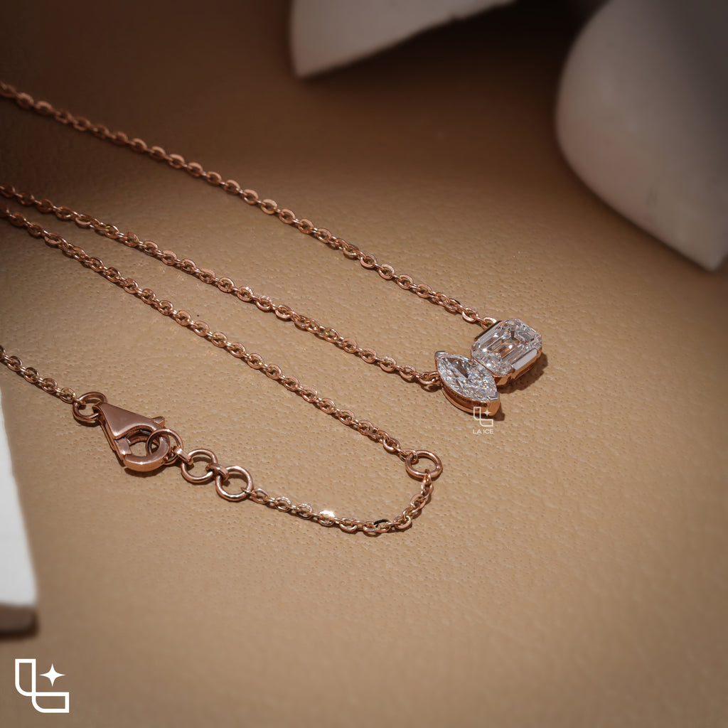 Marquise & Emerald Cut Diamond Pendant Necklace – Rose Gold Diamond Necklace | Modern Two-Stone Diamond Pendant for Women