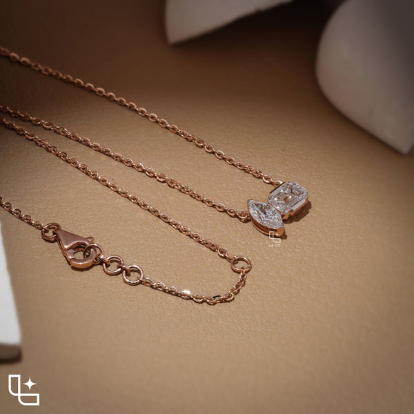 Marquise & Emerald Cut Diamond Pendant Necklace – Rose Gold Diamond Necklace | Modern Two-Stone Diamond Pendant for Women