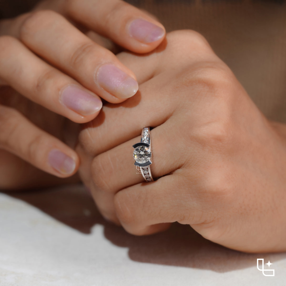 Round Cut Sculptural Solitaire Ring with Pavé Accents, 1.35 CT Total Diamond Weight