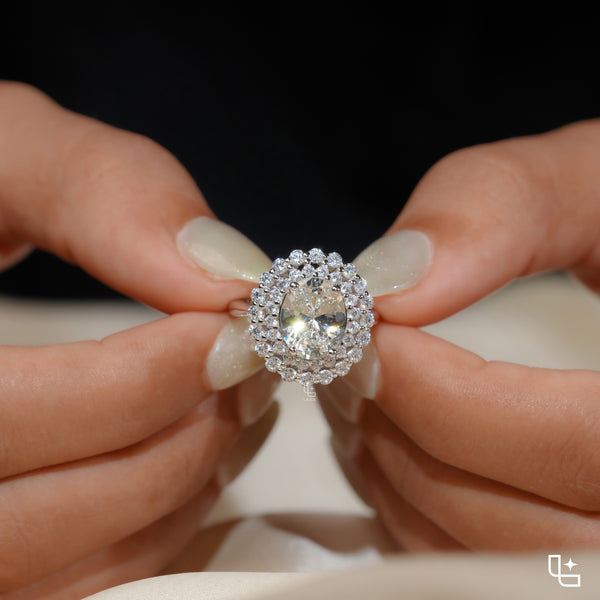 Oval Center Double Halo Cluster Engagement Ring with Multi-Row Diamond Detailing