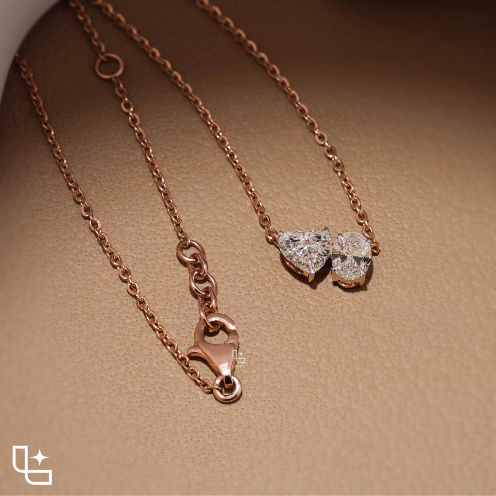 Heart & Oval Diamond Pendant Necklace – Rose Gold Diamond Necklace | Romantic Two-Stone Diamond Pendant for Women