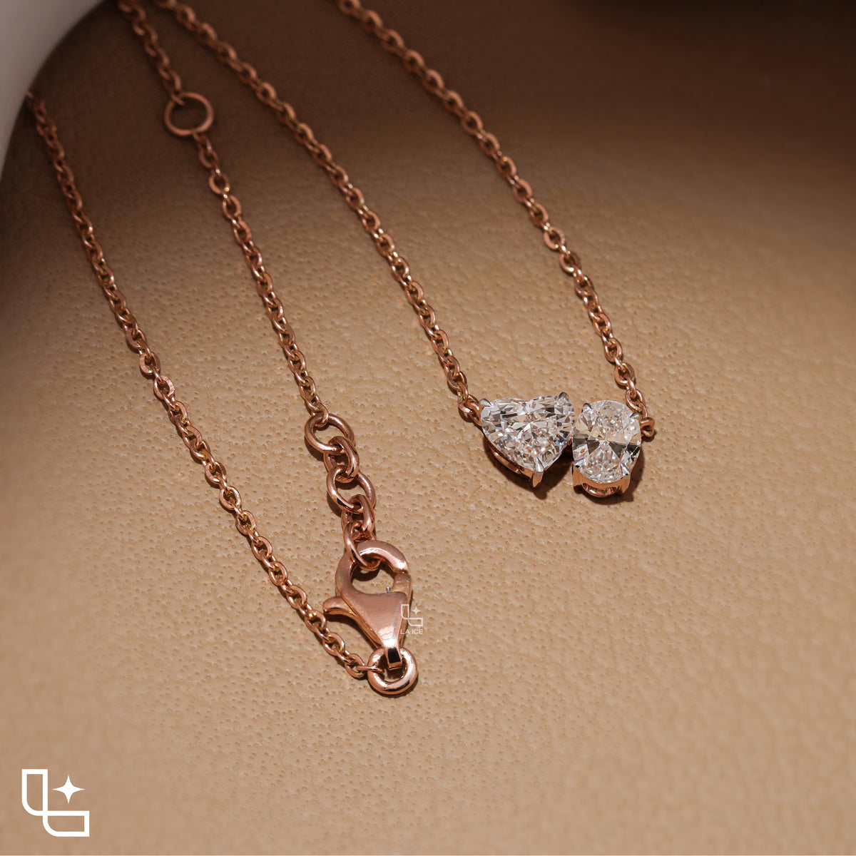 Heart & Oval Diamond Pendant Necklace – Rose Gold Diamond Necklace | Romantic Two-Stone Diamond Pendant for Women