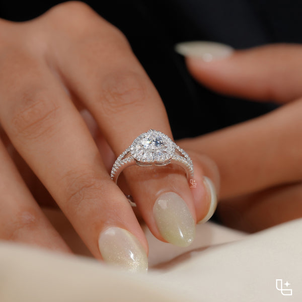 Heart Cut Halo Ring with Double Halo and Split Pavé Band – 2.00 CT Total Diamond Weight