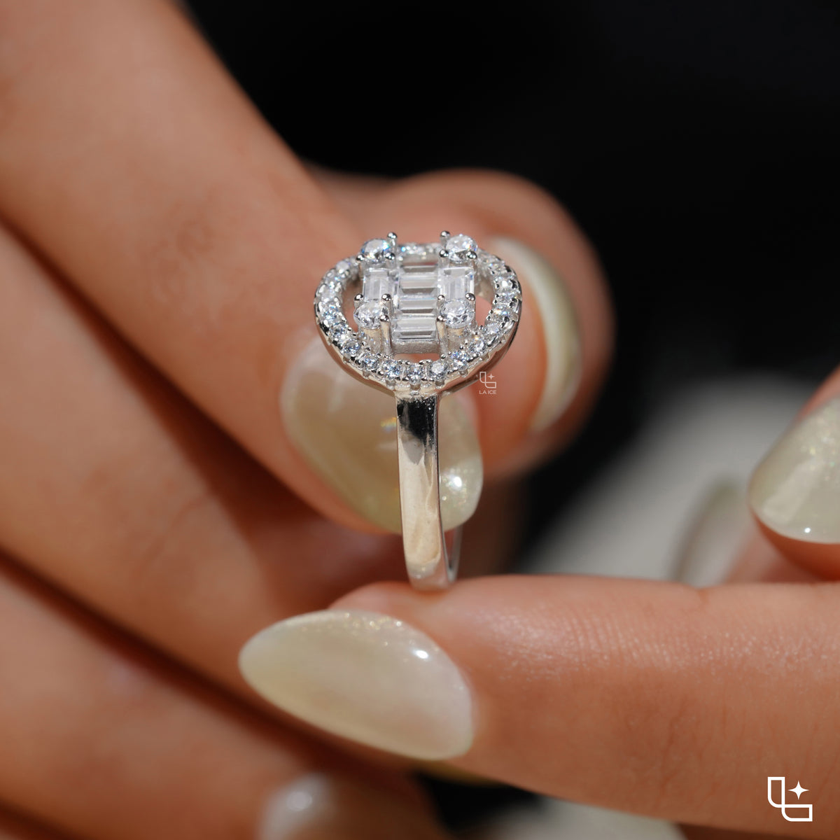 Baguette Cut Cluster Halo Ring with Round Accent Stones