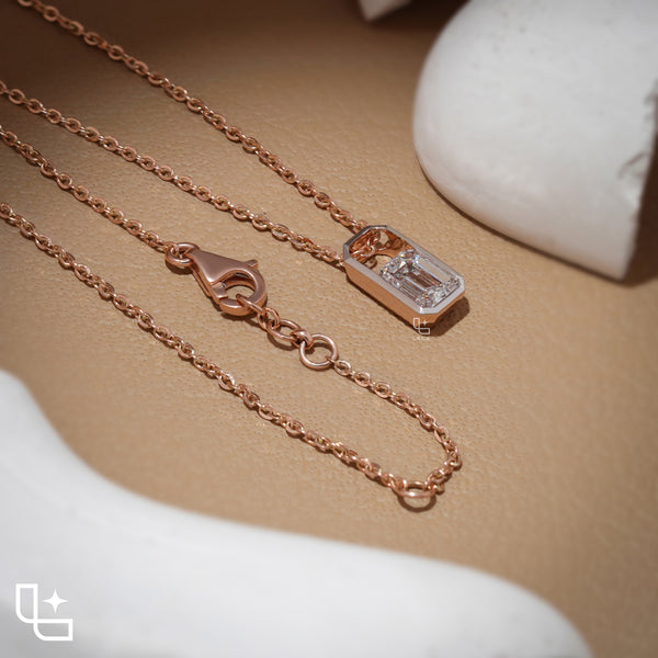 Emerald Cut Solitaire Pendant Necklace – Rose Gold Diamond Pendant | Modern Bezel Set Diamond Necklace for Women