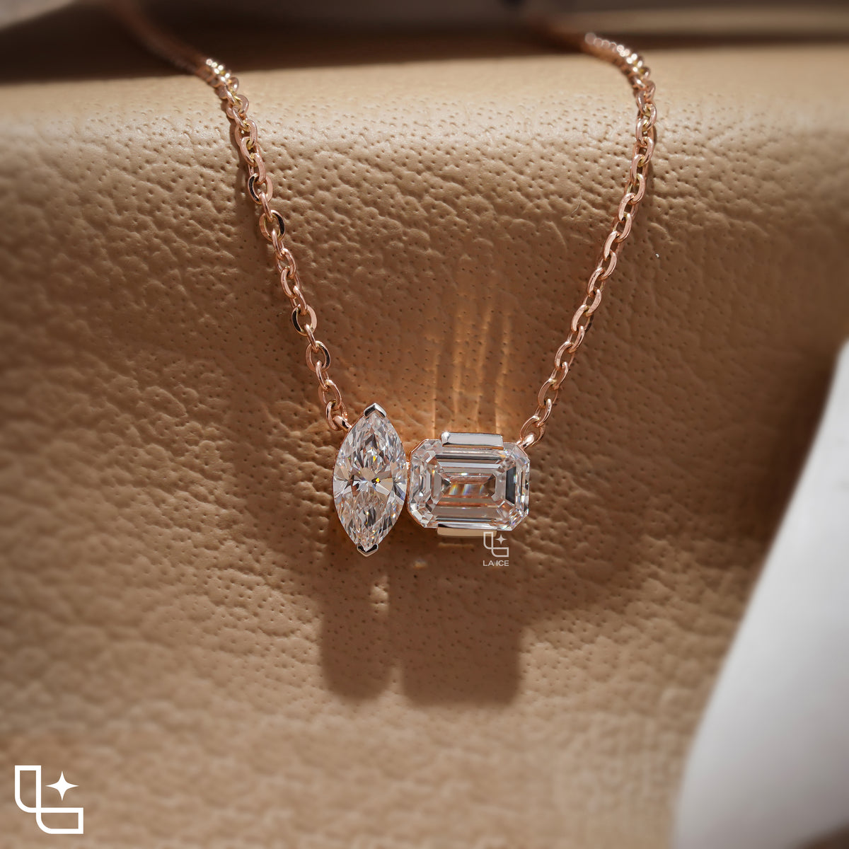 Marquise & Emerald Cut Diamond Pendant Necklace – Rose Gold Diamond Necklace | Modern Two-Stone Diamond Pendant for Women Main image