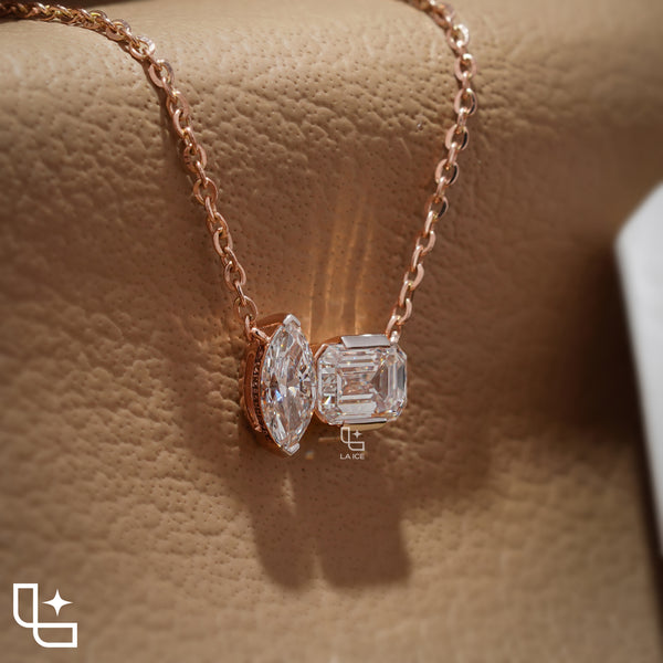 Marquise & Emerald Cut Diamond Pendant Necklace – Rose Gold Diamond Necklace | Modern Two-Stone Diamond Pendant for Women