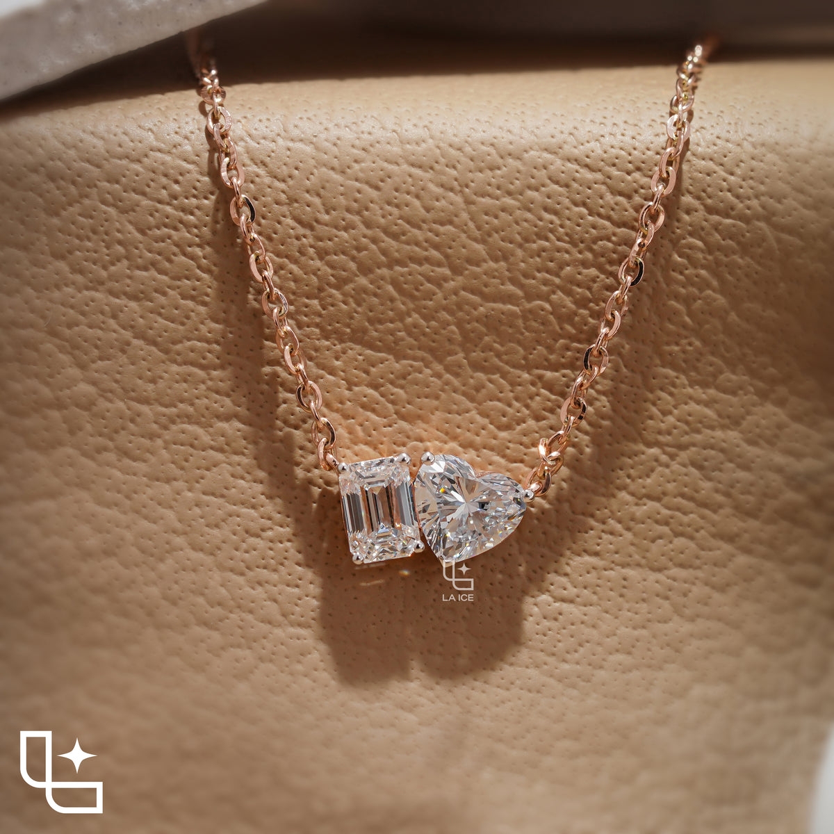 Emerald & Heart Diamond Pendant Necklace – Rose Gold Diamond Necklace | Romantic Two-Stone Diamond Pendant for Women