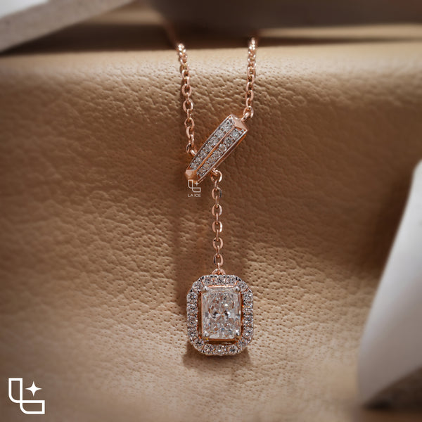 Y Necklace with Rectangular Halo Pendant and Diamond Accents