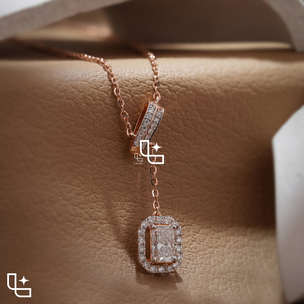Y Necklace with Rectangular Halo Pendant and Diamond Accents