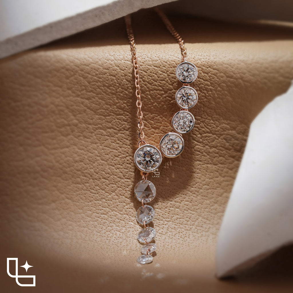 Round Diamond Journey Drop Necklace – Rose Gold Diamond Necklace | Elegant Graduated Diamond Pendant Necklace for Women