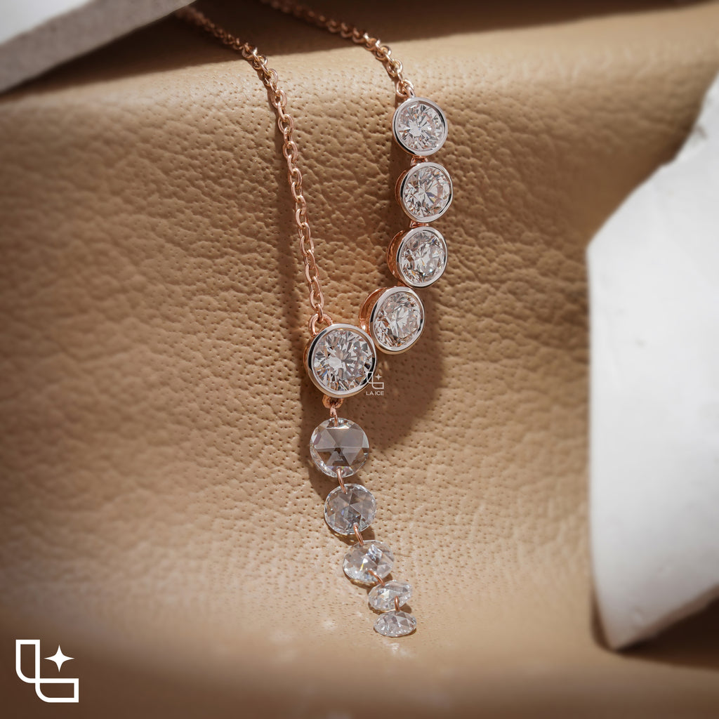 Round Diamond Journey Drop Necklace – Rose Gold Diamond Necklace | Elegant Graduated Diamond Pendant Necklace for Women