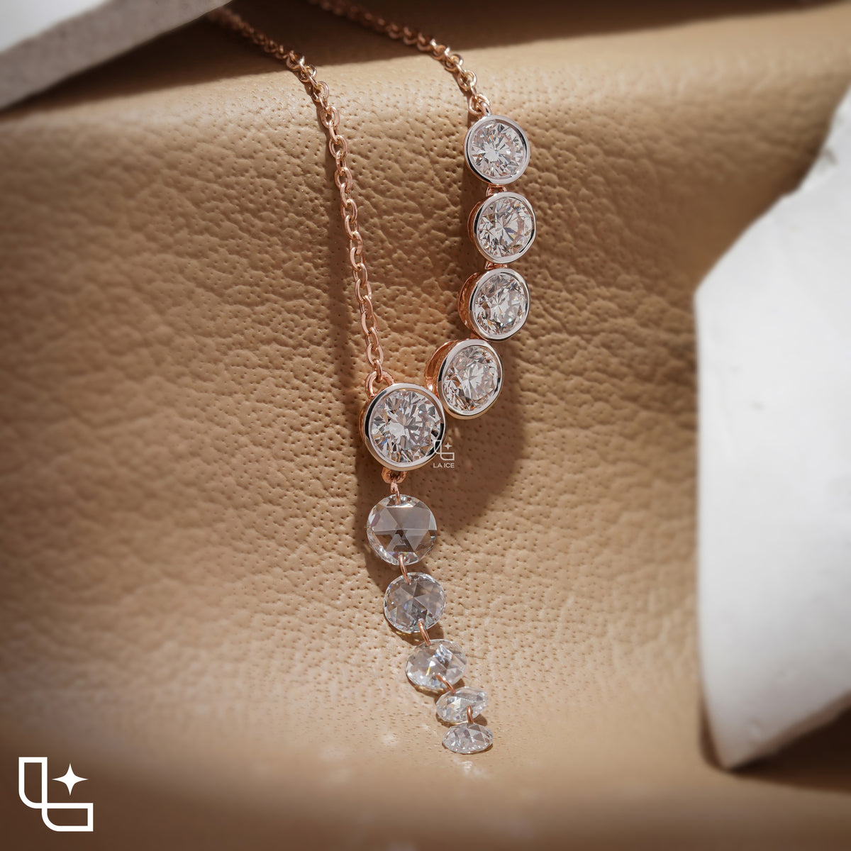 Round Diamond Journey Drop Necklace – Rose Gold Diamond Necklace | Elegant Graduated Diamond Pendant Necklace for Women
