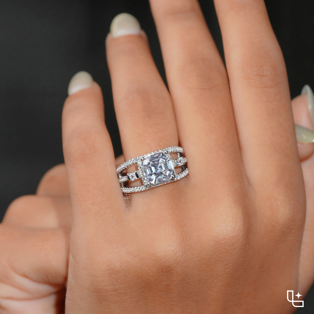 Asscher Cut Halo Engagement Ring with Split Pavé Band