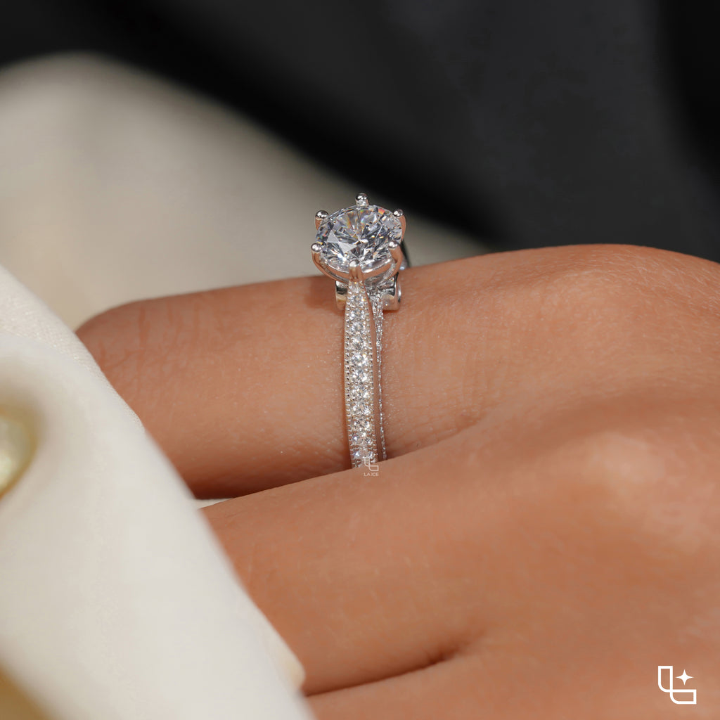 Round Cut Pavé Engagement Ring with Sparkling Band