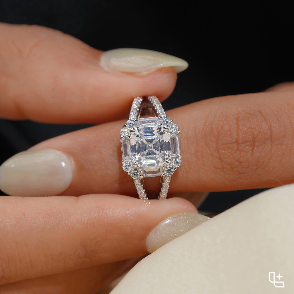 Asscher Cut Halo Engagement Ring with Split Pavé Band – 2.75 CT Total Diamond Weight