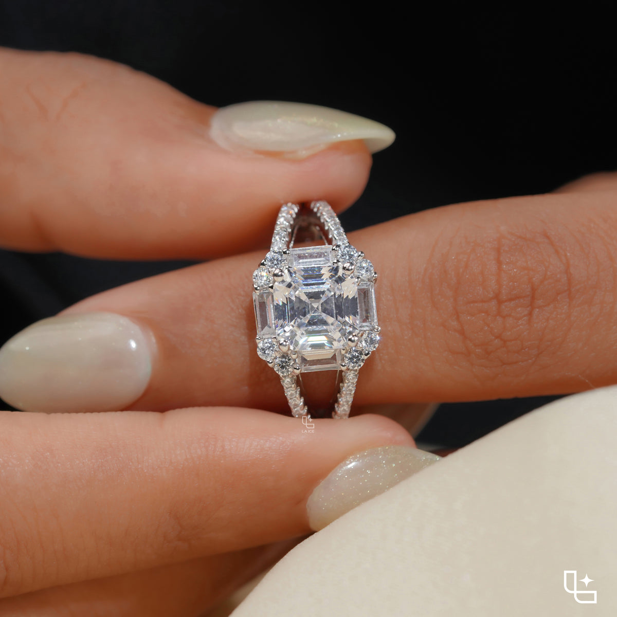 Asscher Cut Halo Engagement Ring with Split Pavé Band – 2.75 CT Total Diamond Weight