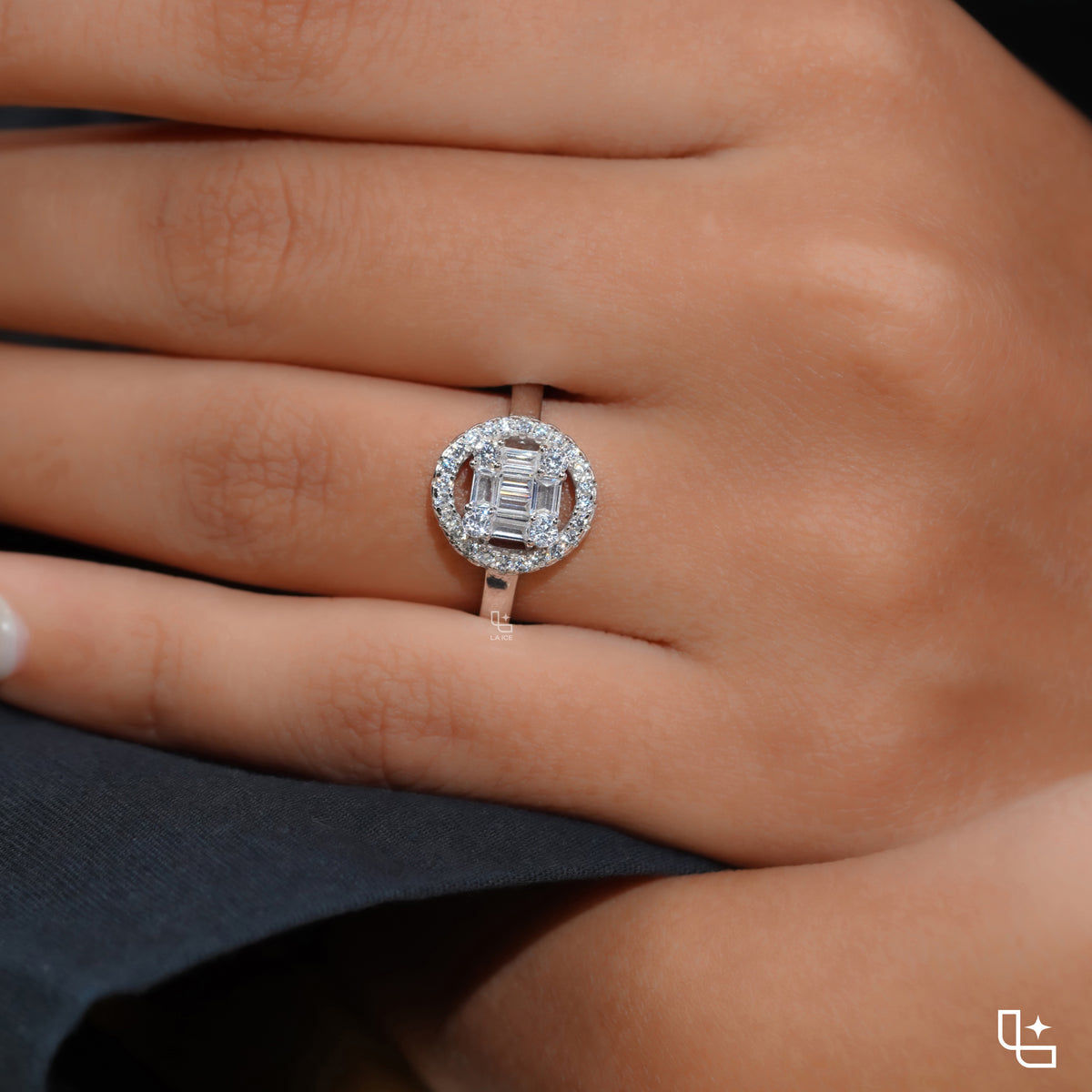 Baguette Cut Cluster Halo Ring with Round Accent Stones