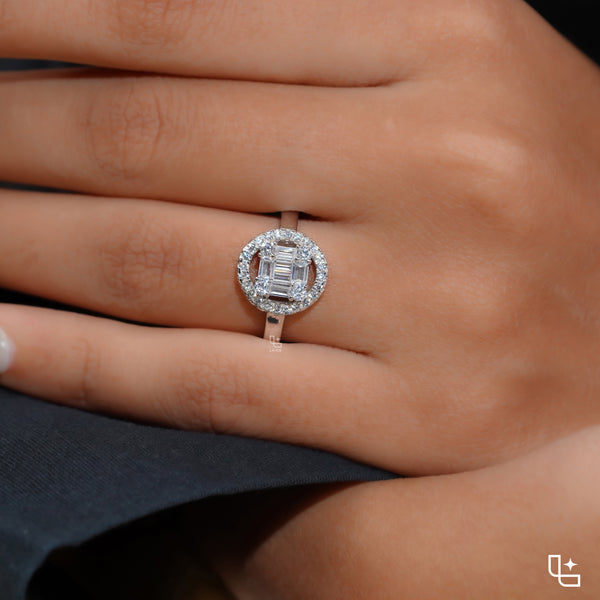 Baguette Cut Cluster Halo Ring with Round Accent Stones