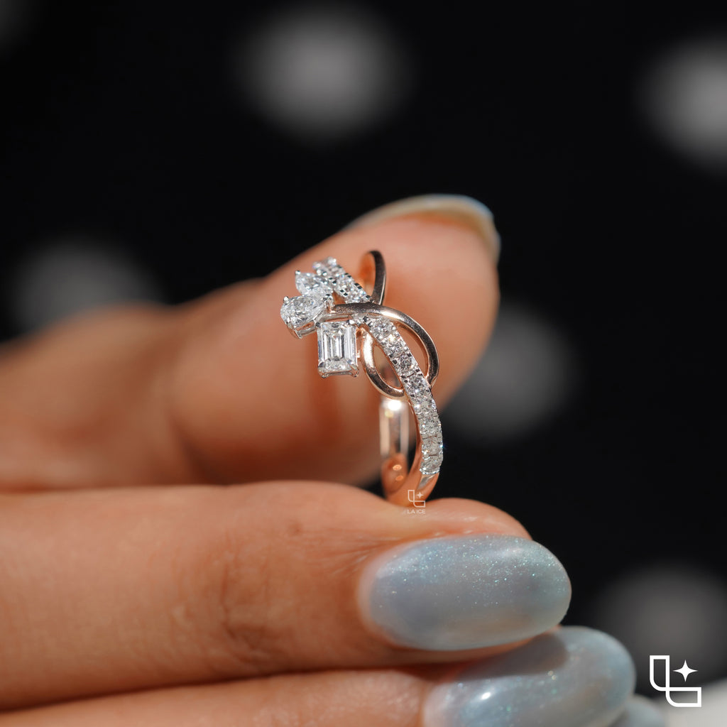 Three Stone Bypass Ring with Emerald Cut Center, Marquise and Pear-Shaped Accents, Pavé Crossover Band, 0.50 CT Center and 0.80 CT Side Diamonds