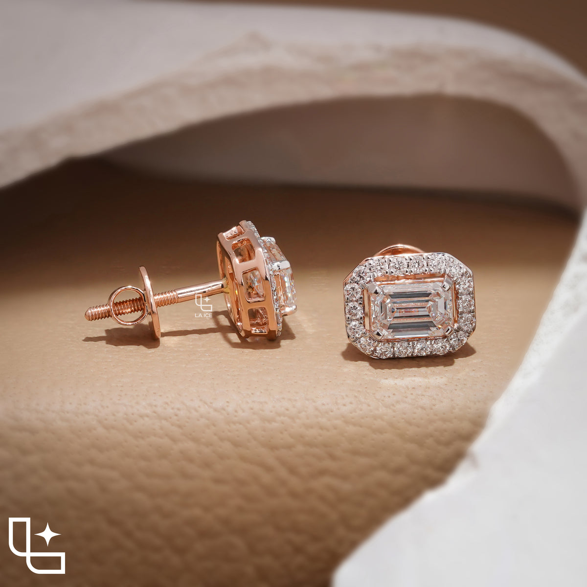 Emerald Cut Halo Stud Earrings with Rounded Rectangle Accent Border, 2.00 CT Total Diamond Weight