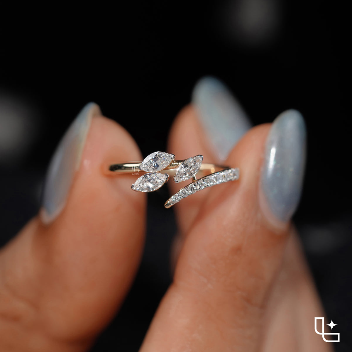 Three Marquise Stone Bypass Ring – 0.60 CT Center, 0.80 CT Side