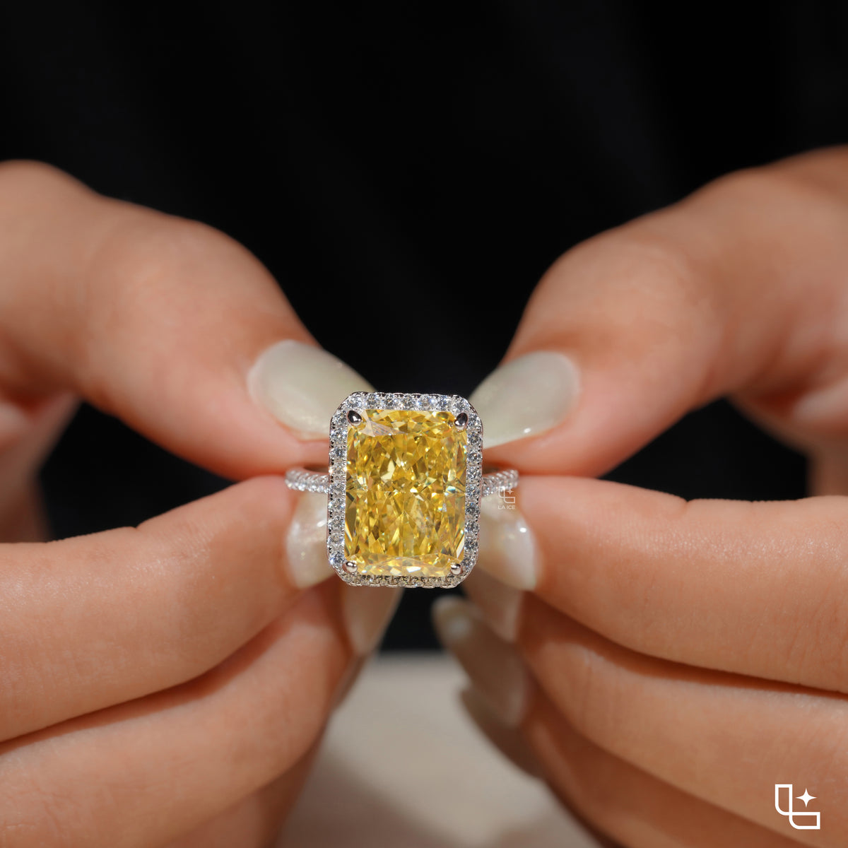 Yellow Radiant Cut Halo Ring with Pavé Band