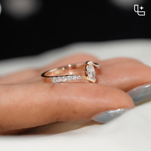 Marquise Diamond Solitaire Ring – Twisted Diamond Engagement Ring in Rose Gold | Modern Bypass Diamond Ring for Women